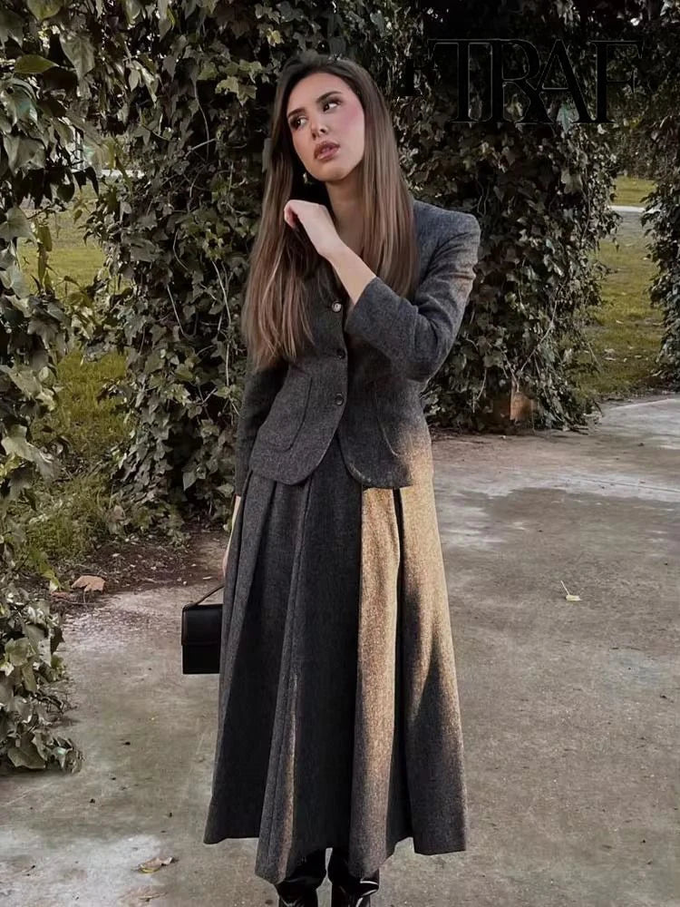 Women's Casual Commuter Two-Piece Suit Set with Single-Breasted Blazer and High-Waisted A-Line Skirt for Autumn and Winter
