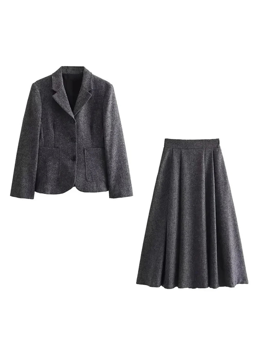 Women's Casual Commuter Two-Piece Suit Set with Single-Breasted Blazer and High-Waisted A-Line Skirt for Autumn and Winter