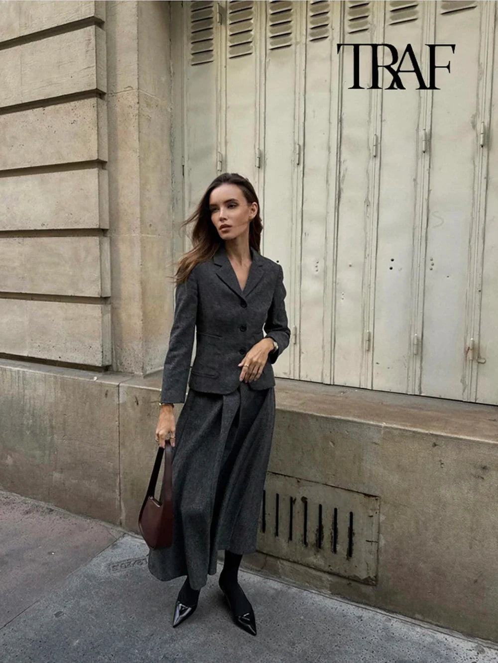 Women's Casual Commuter Two-Piece Suit Set with Single-Breasted Blazer and High-Waisted A-Line Skirt for Autumn and Winter