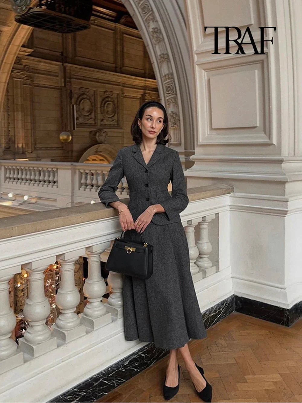 Women's Casual Commuter Two-Piece Suit Set with Single-Breasted Blazer and High-Waisted A-Line Skirt for Autumn and Winter