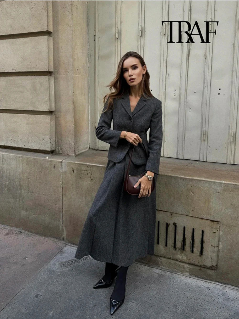 Women's Casual Commuter Two-Piece Suit Set with Single-Breasted Blazer and High-Waisted A-Line Skirt for Autumn and Winter