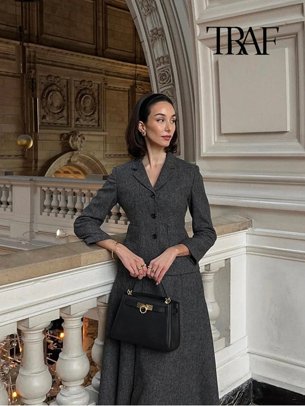 Women's Casual Commuter Two-Piece Suit Set with Single-Breasted Blazer and High-Waisted A-Line Skirt for Autumn and Winter