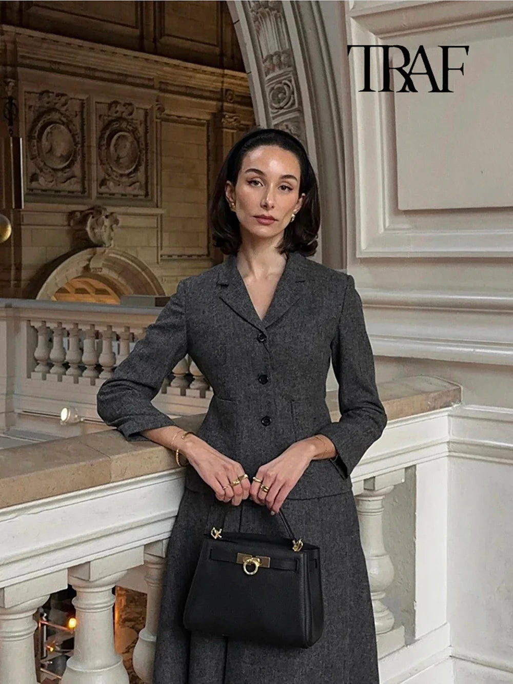 Women's Casual Commuter Two-Piece Suit Set with Single-Breasted Blazer and High-Waisted A-Line Skirt for Autumn and Winter