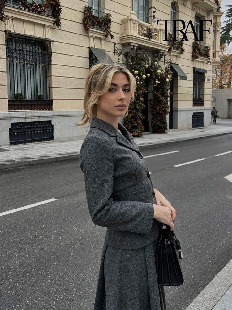 Women's Casual Commuter Two-Piece Suit Set with Single-Breasted Blazer and High-Waisted A-Line Skirt for Autumn and Winter