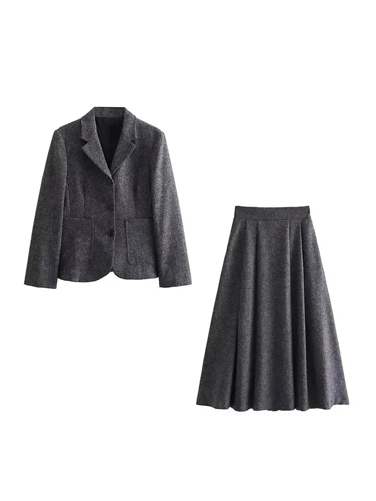 Women's Casual Commuter Two-Piece Suit Set with Single-Breasted Blazer and High-Waisted A-Line Skirt for Autumn and Winter