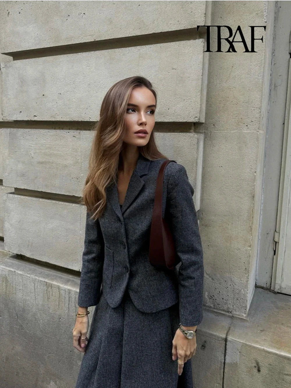Women's Casual Commuter Two-Piece Suit Set with Single-Breasted Blazer and High-Waisted A-Line Skirt for Autumn and Winter