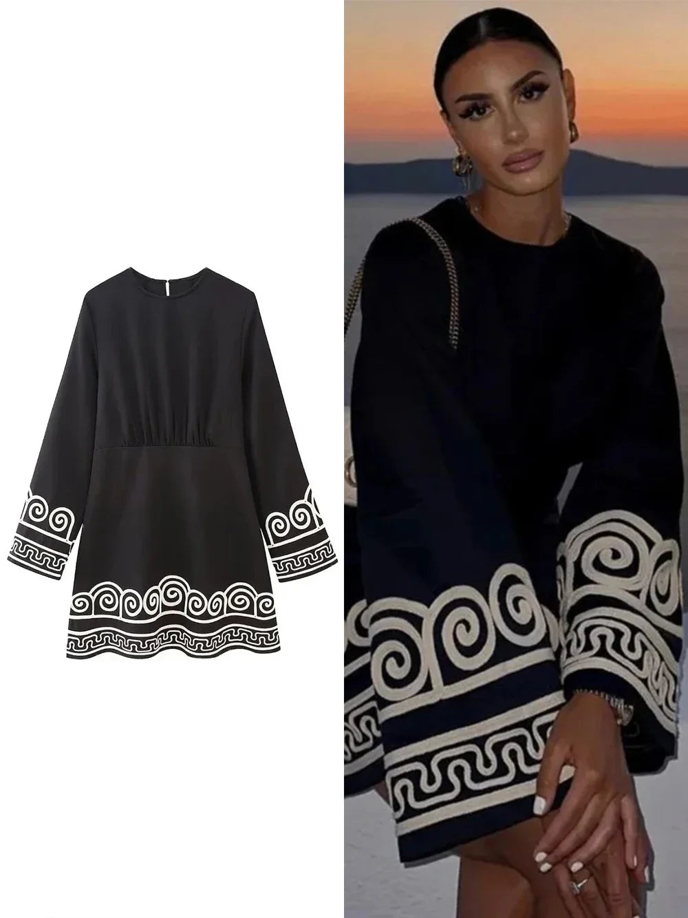 Elegant Embroidery Splicing Dress for Women with Long Sleeves and Round Neck, Casual Loose Fit Short Dress for Commuter and Holiday Wear