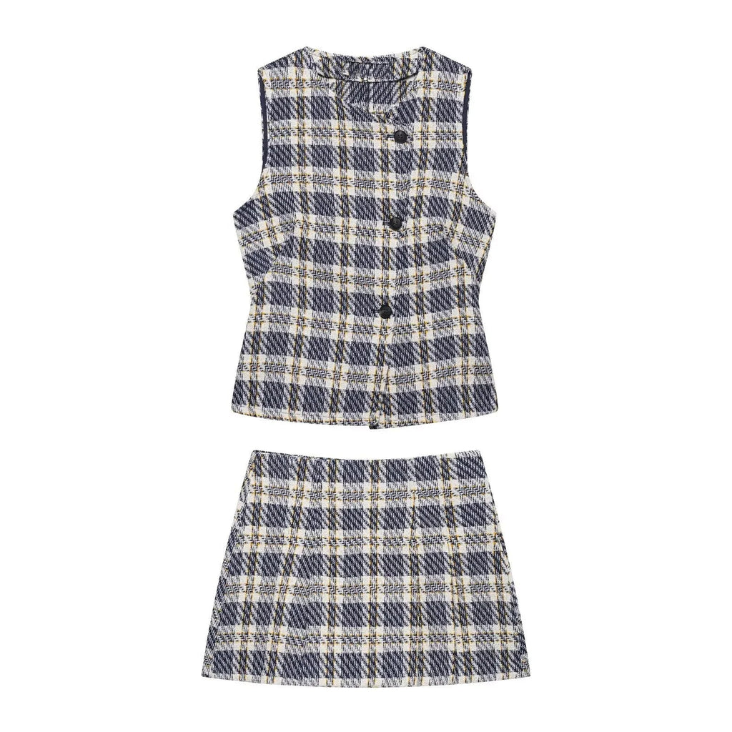 Women's Sleeveless Button-Front Plaid Vest and Mini Skirt Two-Piece Set for Stylish Summer Look