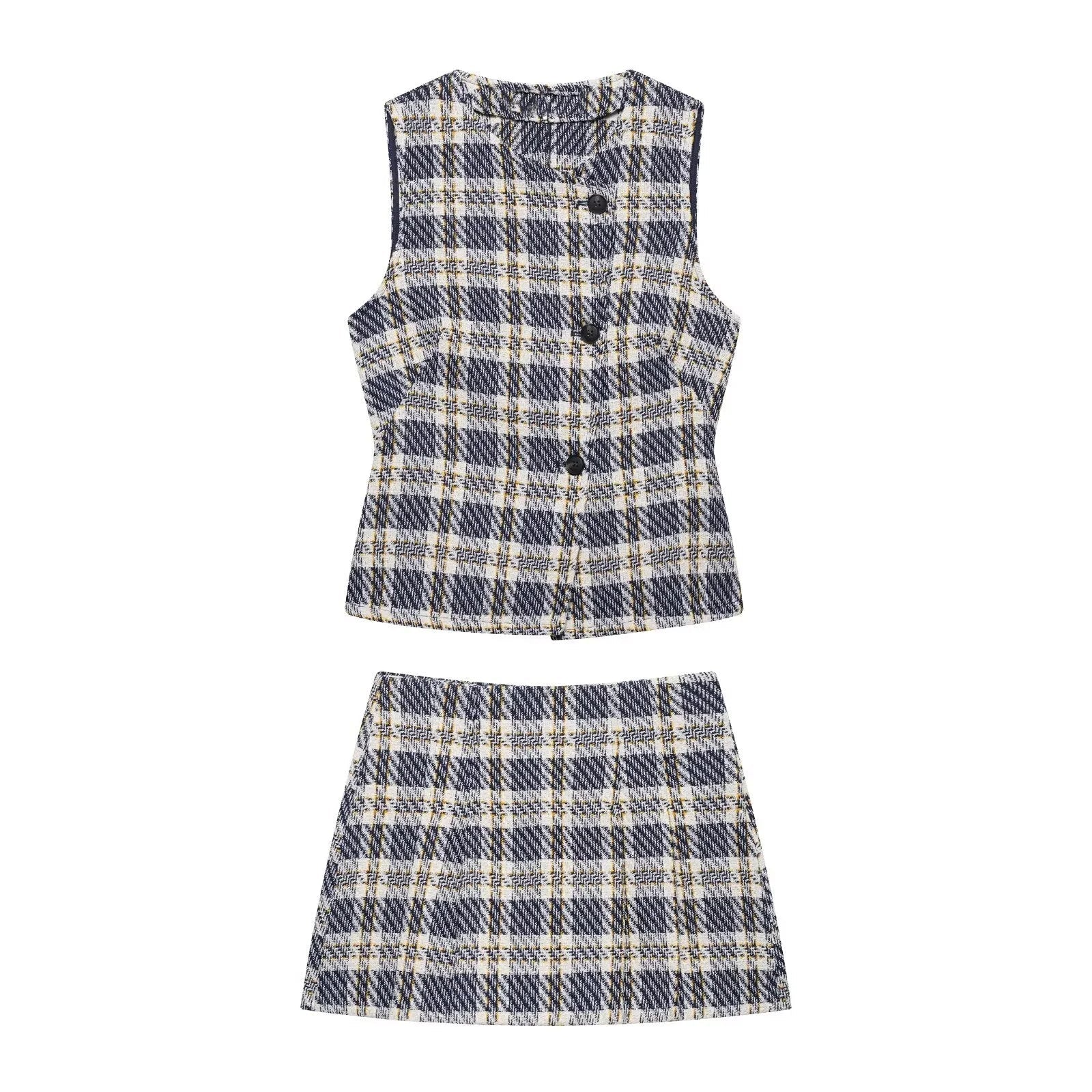Women's Sleeveless Button-Front Plaid Vest and Mini Skirt Two-Piece Set for Stylish Summer Look