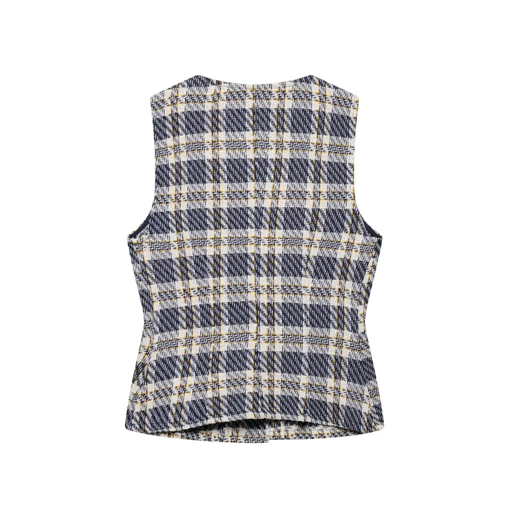 Women's Sleeveless Button-Front Plaid Vest and Mini Skirt Two-Piece Set for Stylish Summer Look