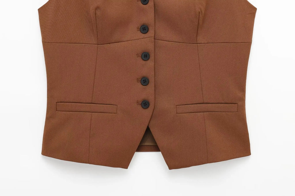 Women's Retro Slim Fit Vest and High Waist Mini Skirt Set V Neck Single-Breasted Solid Color Chic Summer Outfit