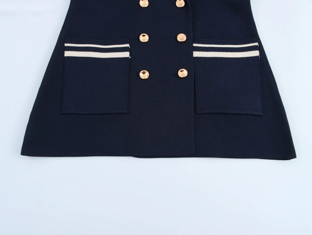 Women's Loose Knitted Blazer and High Waist A-Line Skirt Set with Lapel Double Breasted Pocket Jacket Chic Spring Suit