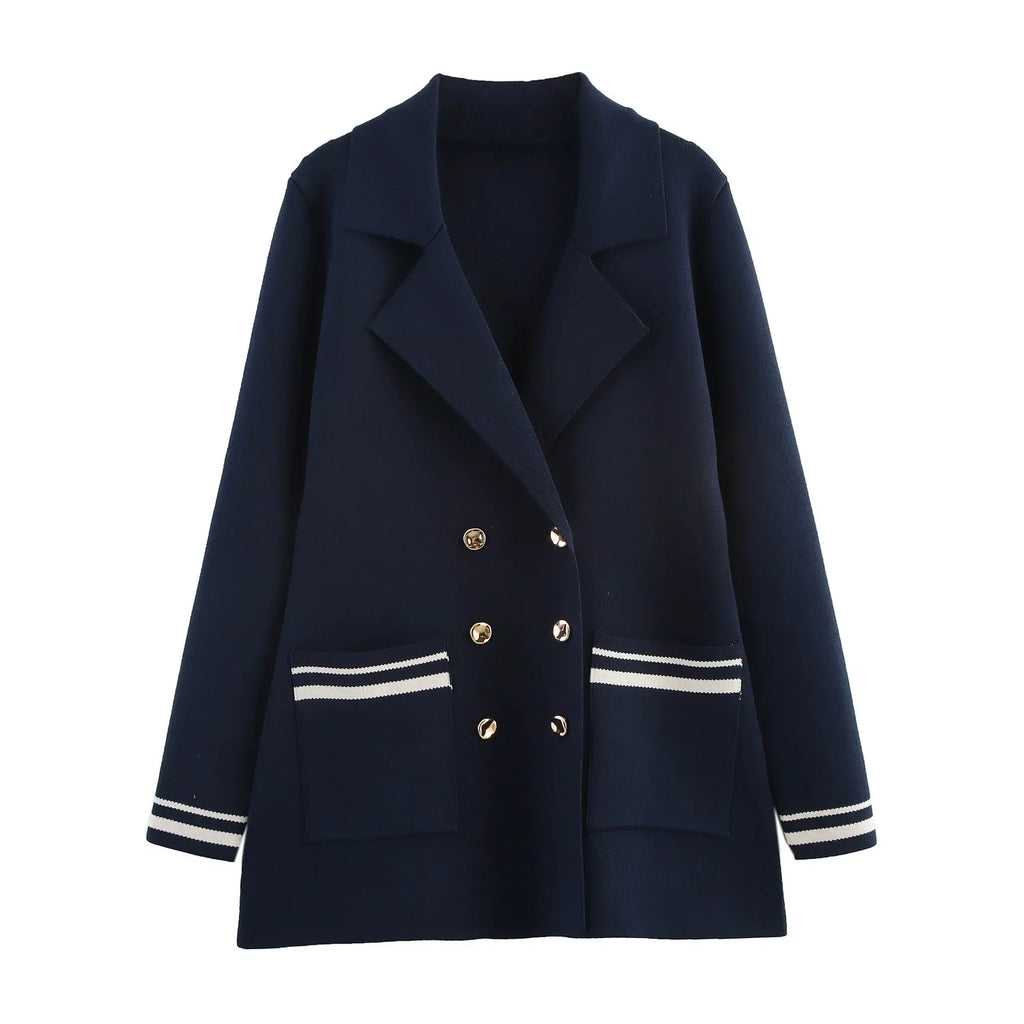 Women's Loose Knitted Blazer and High Waist A-Line Skirt Set with Lapel Double Breasted Pocket Jacket Chic Spring Suit