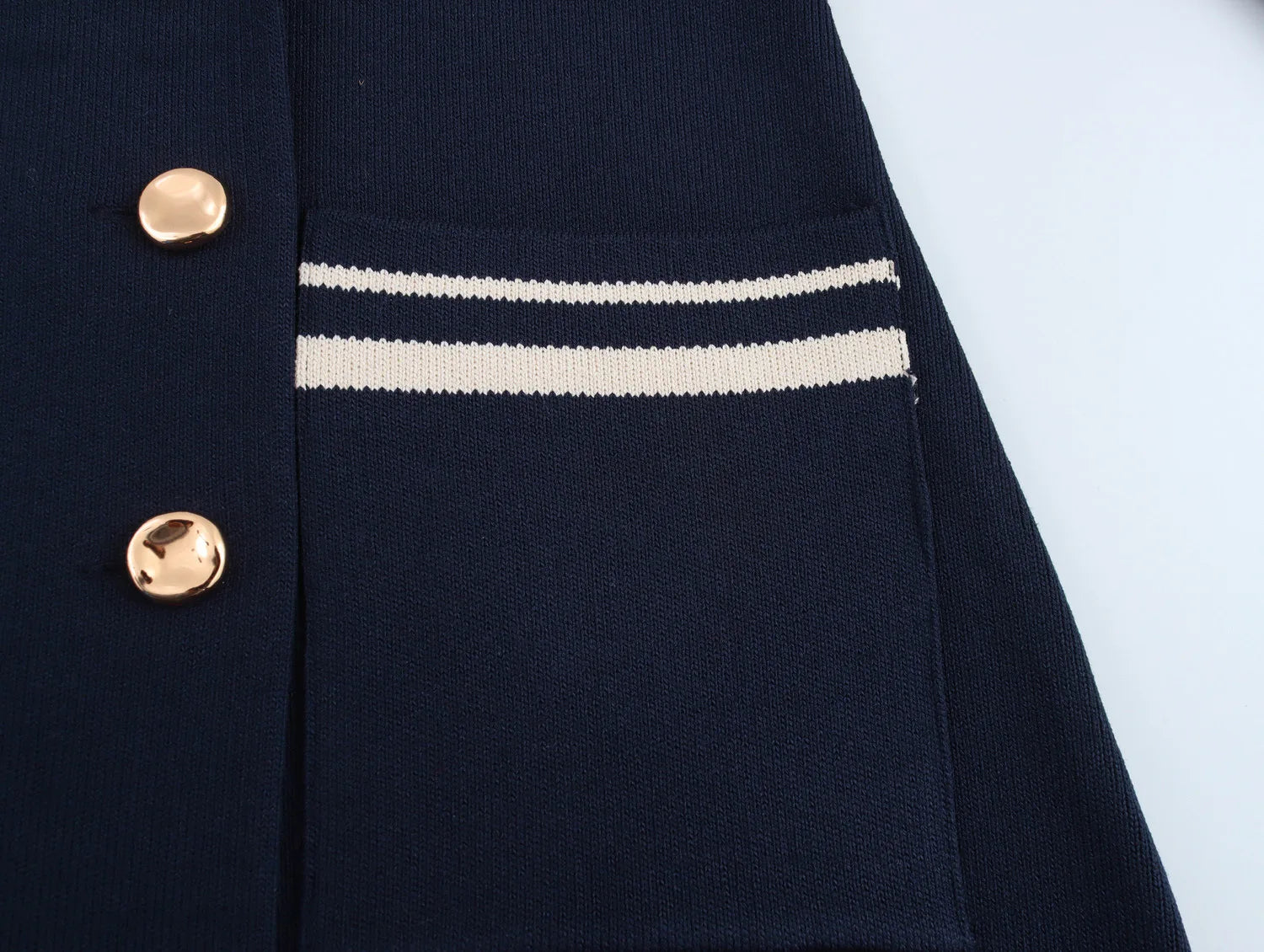 Women's Loose Knitted Blazer and High Waist A-Line Skirt Set with Lapel Double Breasted Pocket Jacket Chic Spring Suit