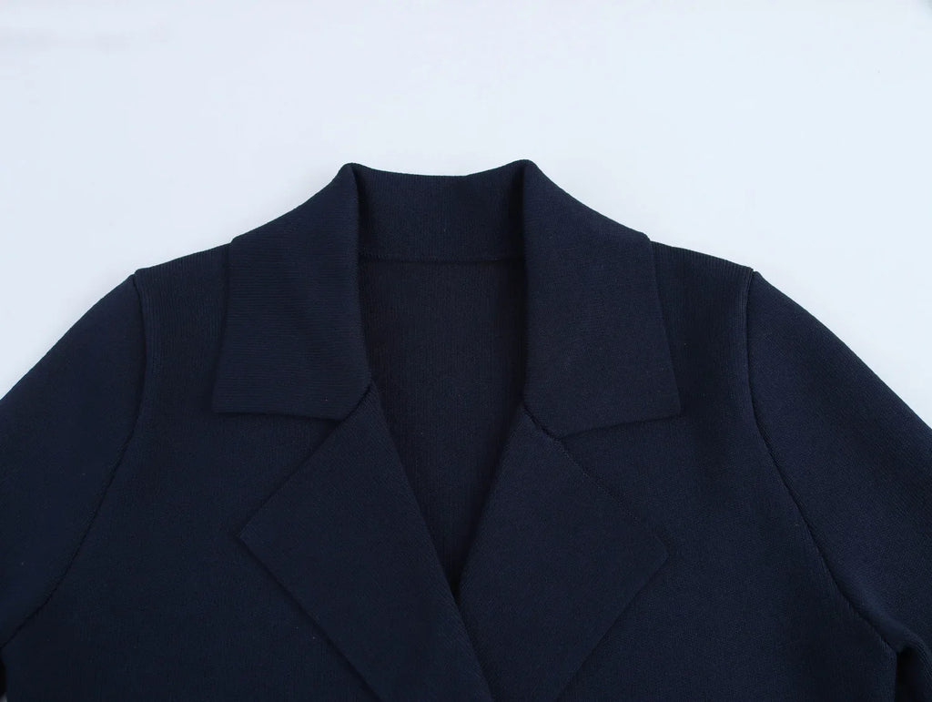 Women's Loose Knitted Blazer and High Waist A-Line Skirt Set with Lapel Double Breasted Pocket Jacket Chic Spring Suit