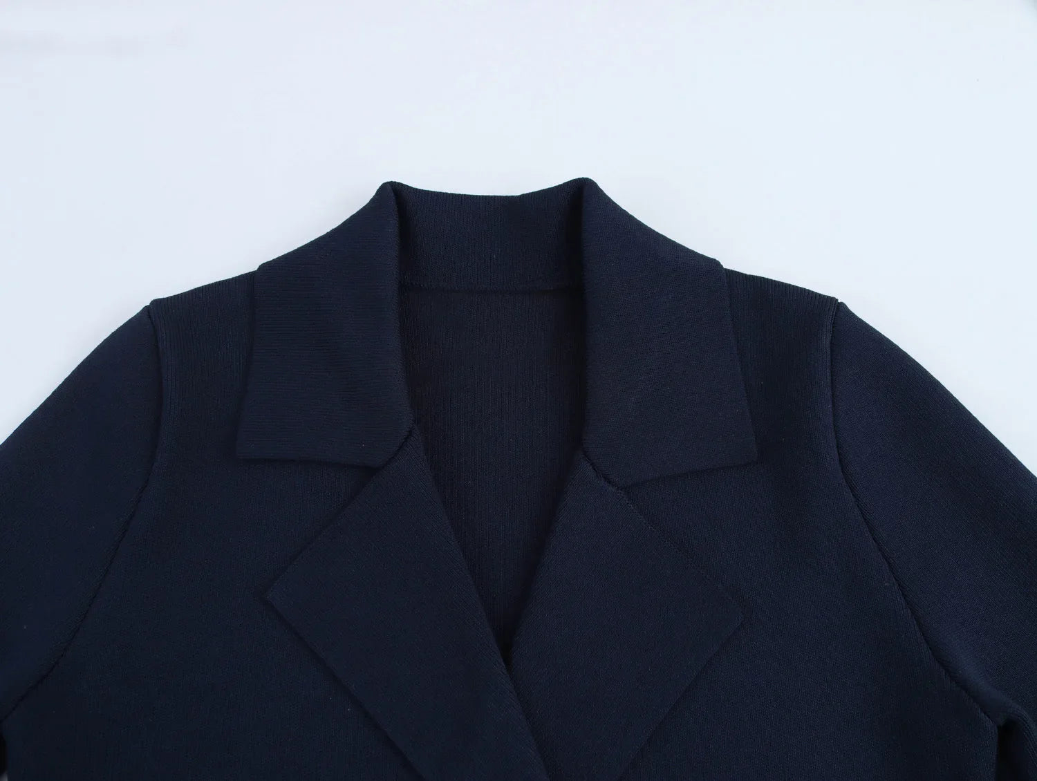 Women's Loose Knitted Blazer and High Waist A-Line Skirt Set with Lapel Double Breasted Pocket Jacket Chic Spring Suit