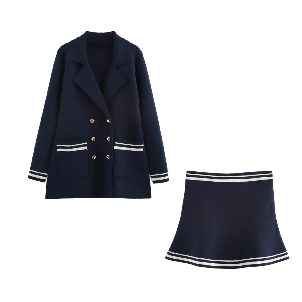 Women's Loose Knitted Blazer and High Waist A-Line Skirt Set with Lapel Double Breasted Pocket Jacket Chic Spring Suit