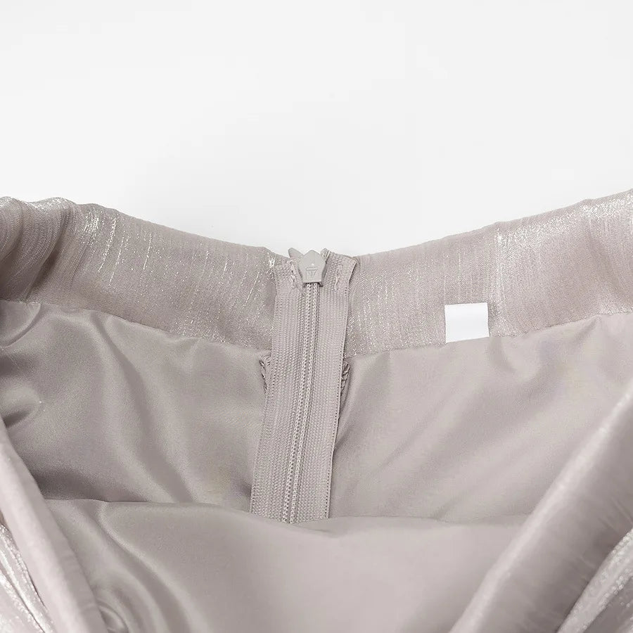 Metallic Lace-Up V-Neck Long Sleeve Top and Rear Zipper Mini Skirt Set for Women Chic Short Skirt Suit for Spring and Summer