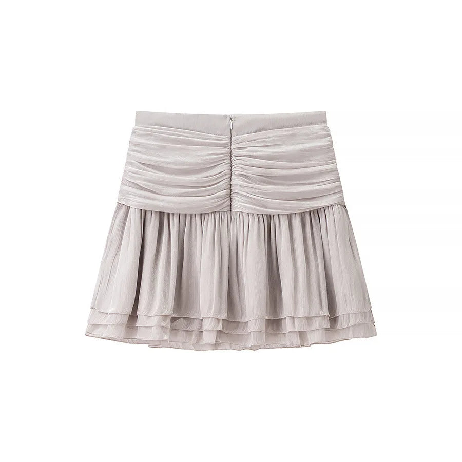 Metallic Lace-Up V-Neck Long Sleeve Top and Rear Zipper Mini Skirt Set for Women Chic Short Skirt Suit for Spring and Summer