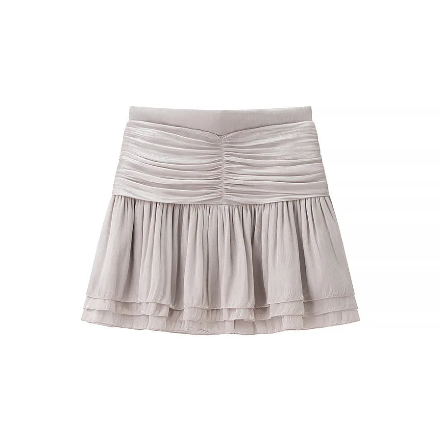 Metallic Lace-Up V-Neck Long Sleeve Top and Rear Zipper Mini Skirt Set for Women Chic Short Skirt Suit for Spring and Summer