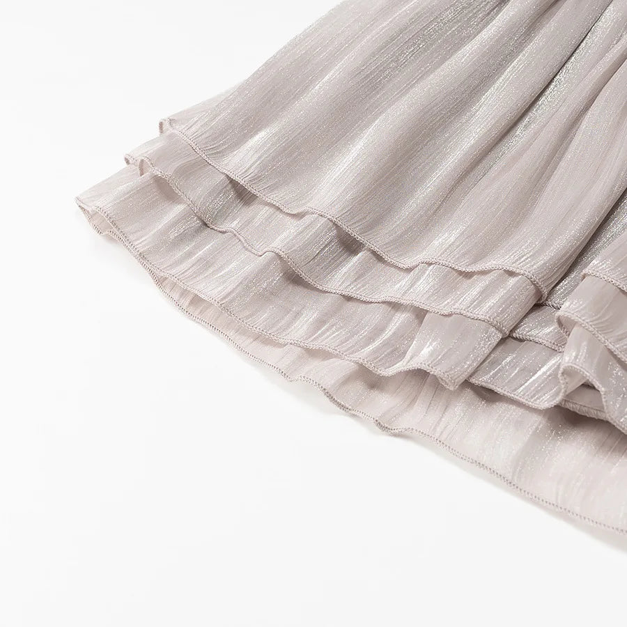 Metallic Lace-Up V-Neck Long Sleeve Top and Rear Zipper Mini Skirt Set for Women Chic Short Skirt Suit for Spring and Summer