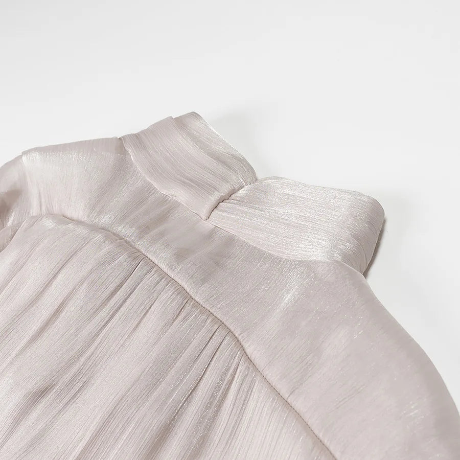 Metallic Lace-Up V-Neck Long Sleeve Top and Rear Zipper Mini Skirt Set for Women Chic Short Skirt Suit for Spring and Summer