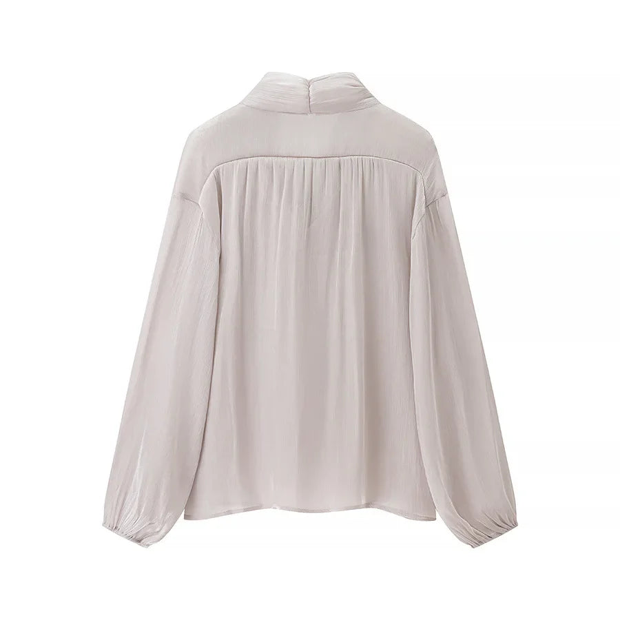 Metallic Lace-Up V-Neck Long Sleeve Top and Rear Zipper Mini Skirt Set for Women Chic Short Skirt Suit for Spring and Summer