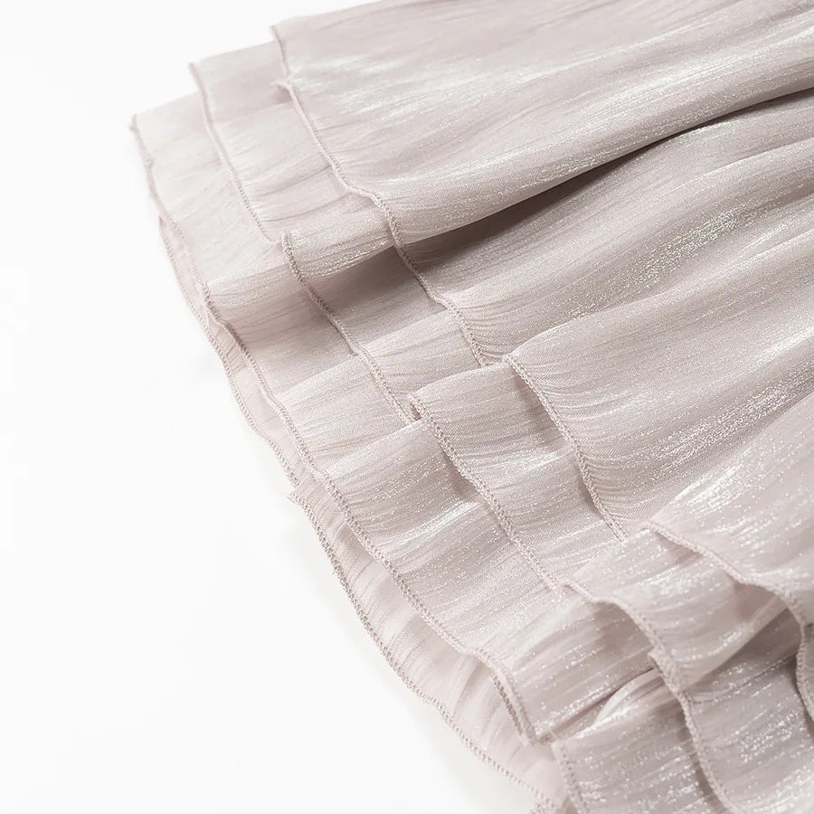 Metallic Lace-Up V-Neck Long Sleeve Top and Rear Zipper Mini Skirt Set for Women Chic Short Skirt Suit for Spring and Summer