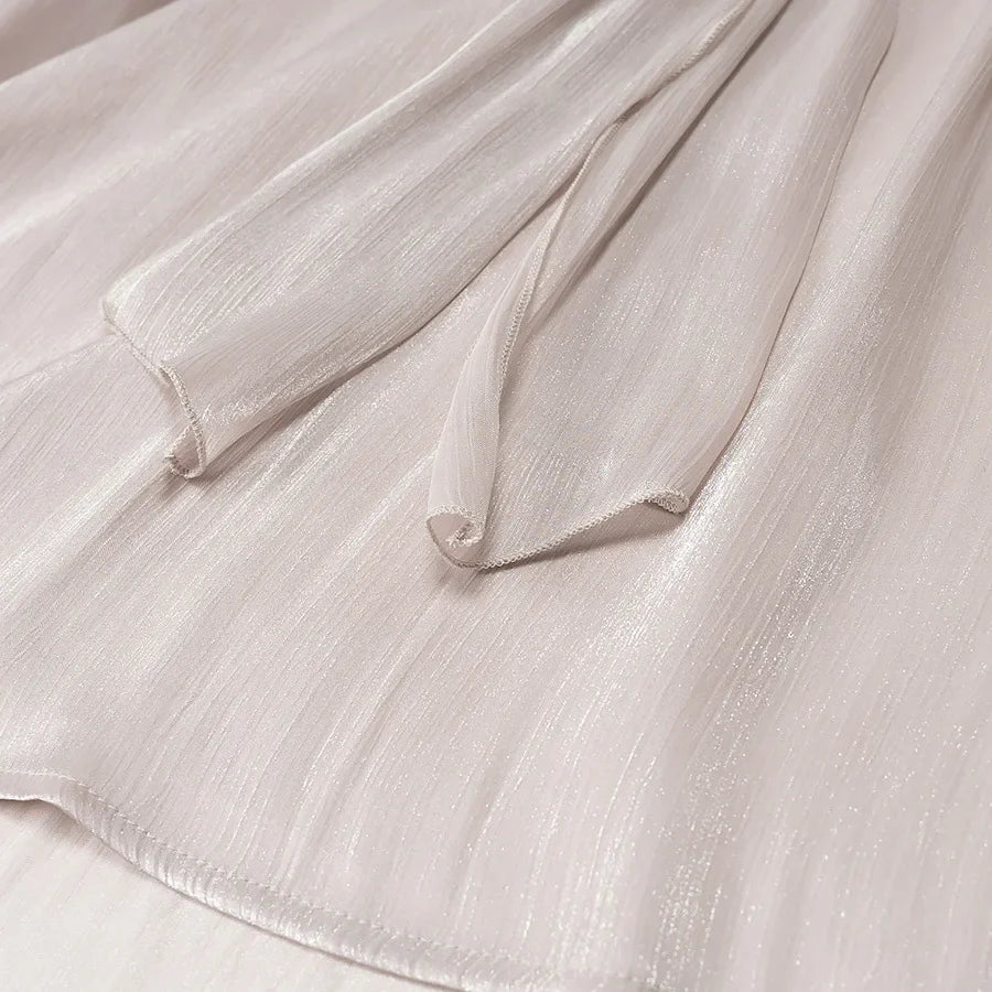 Metallic Lace-Up V-Neck Long Sleeve Top and Rear Zipper Mini Skirt Set for Women Chic Short Skirt Suit for Spring and Summer