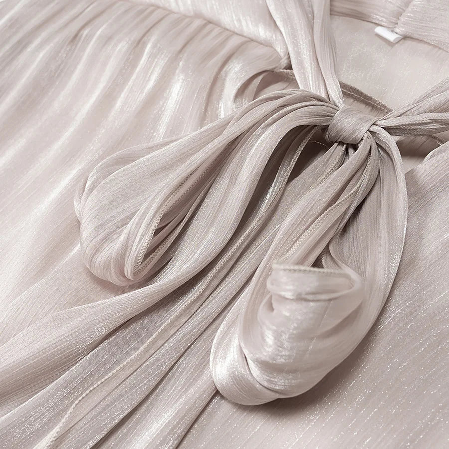 Metallic Lace-Up V-Neck Long Sleeve Top and Rear Zipper Mini Skirt Set for Women Chic Short Skirt Suit for Spring and Summer