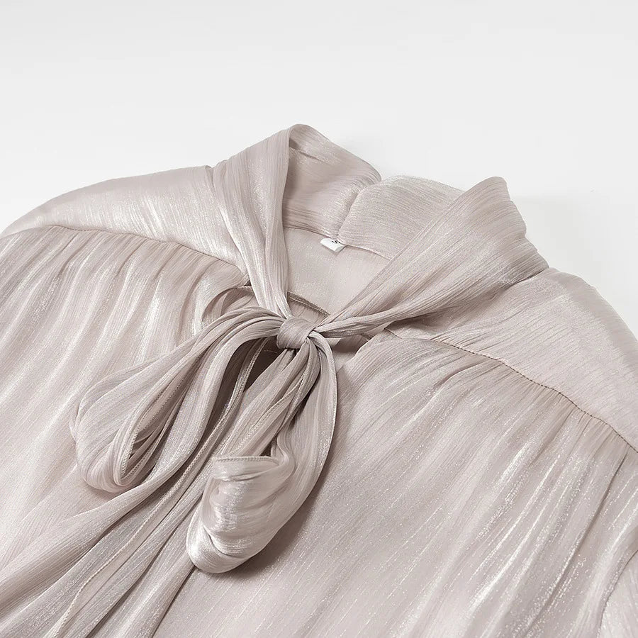 Metallic Lace-Up V-Neck Long Sleeve Top and Rear Zipper Mini Skirt Set for Women Chic Short Skirt Suit for Spring and Summer