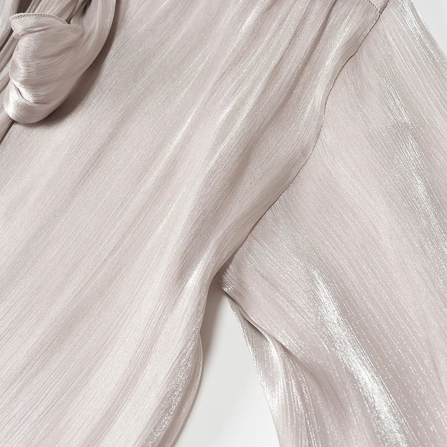 Metallic Lace-Up V-Neck Long Sleeve Top and Rear Zipper Mini Skirt Set for Women Chic Short Skirt Suit for Spring and Summer