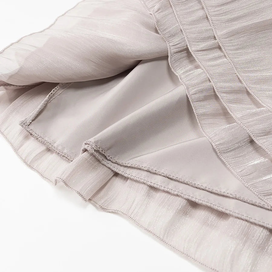 Metallic Lace-Up V-Neck Long Sleeve Top and Rear Zipper Mini Skirt Set for Women Chic Short Skirt Suit for Spring and Summer