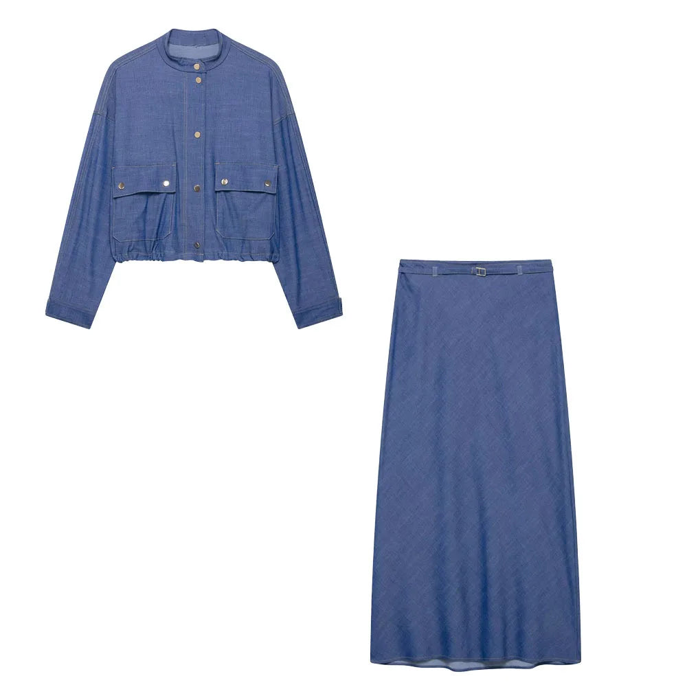 Women's Pilot Jacket and Skirt Set with Round Neck Long Sleeve Top, Belted Waist, Side Zipper Midi Skirt, Casual Chic Spring Summer Outfit