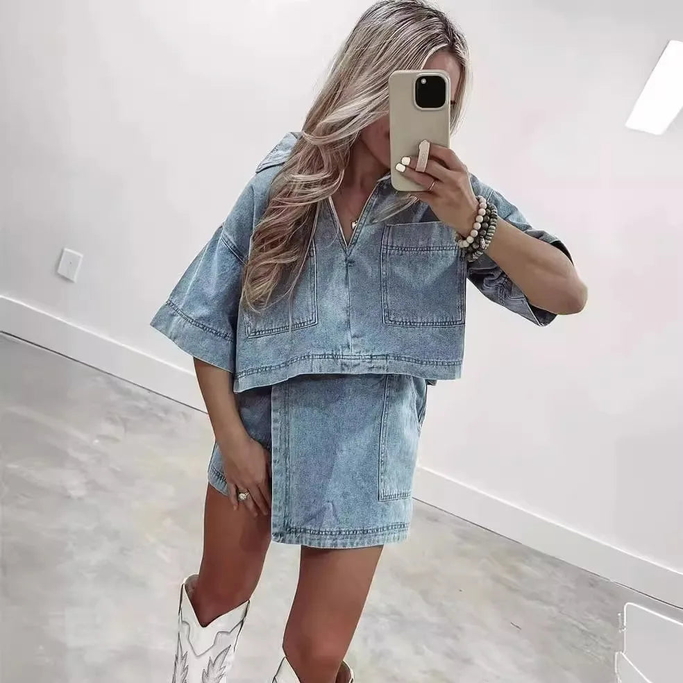 Women's Blue Denim Two-Piece Set Loose Fit Short Sleeve Pocket Shirt with Asymmetric Skirt Casual Streetwear Ensemble