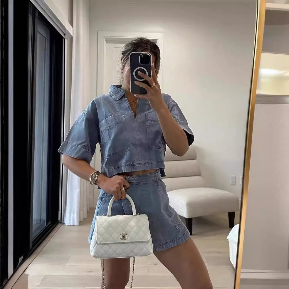 Women's Blue Denim Two-Piece Set Loose Fit Short Sleeve Pocket Shirt with Asymmetric Skirt Casual Streetwear Ensemble