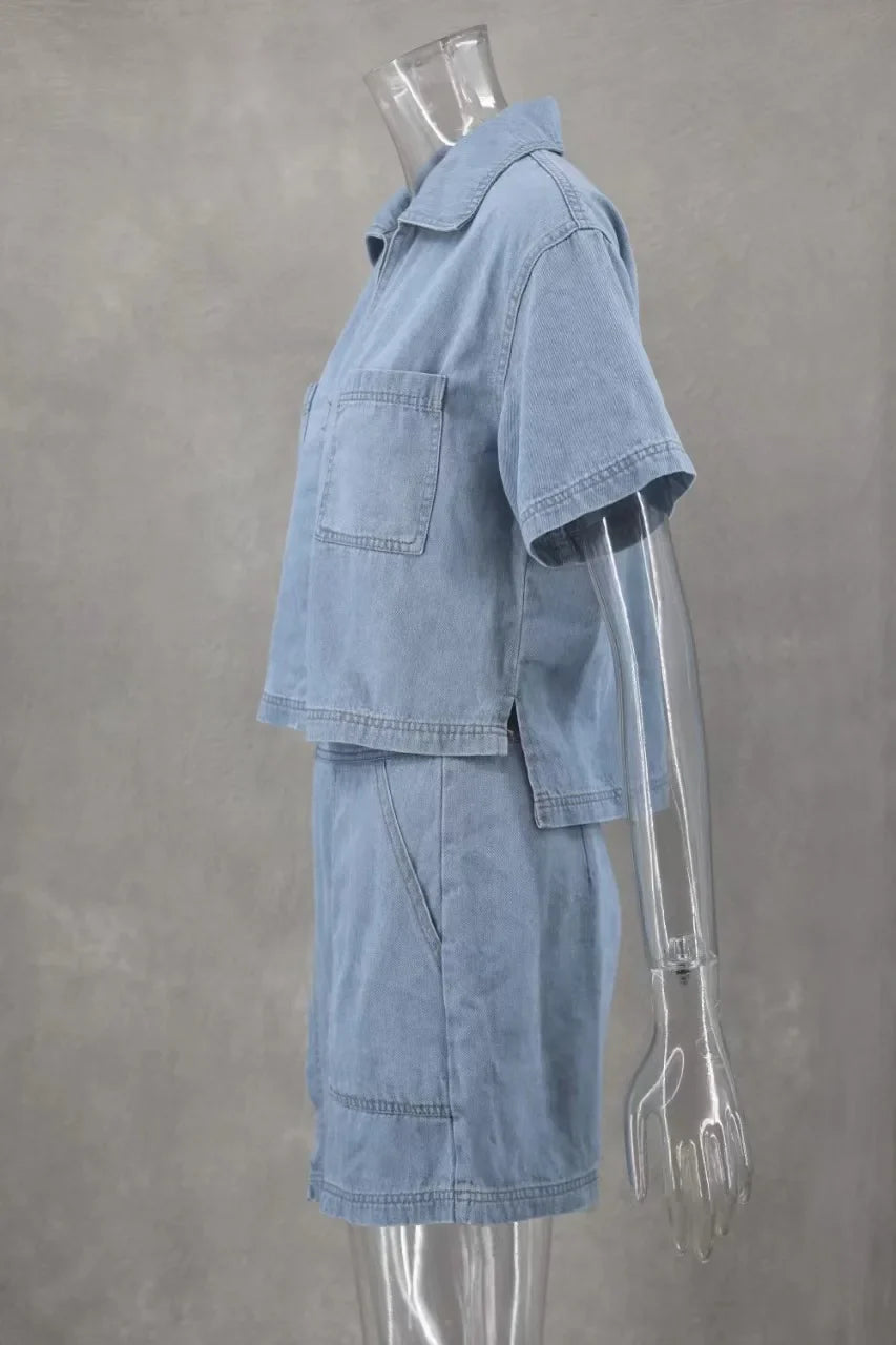 Women's Blue Denim Two-Piece Set Loose Fit Short Sleeve Pocket Shirt with Asymmetric Skirt Casual Streetwear Ensemble