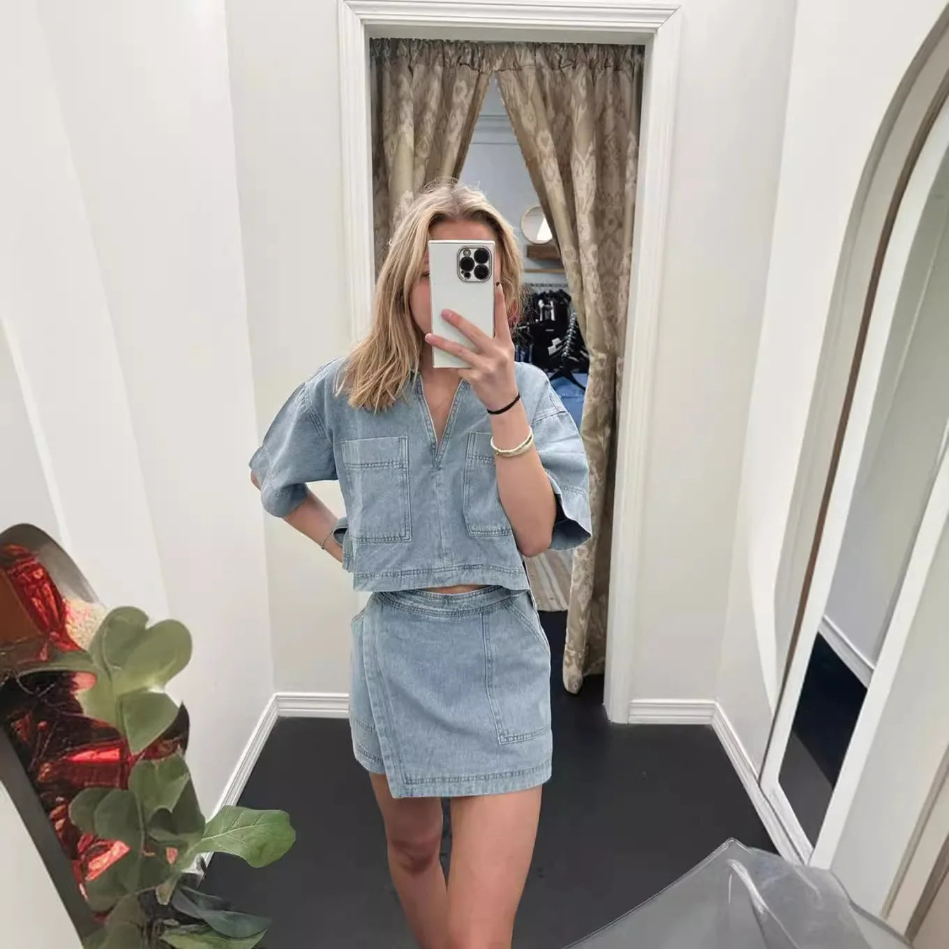 Women's Blue Denim Two-Piece Set Loose Fit Short Sleeve Pocket Shirt with Asymmetric Skirt Casual Streetwear Ensemble