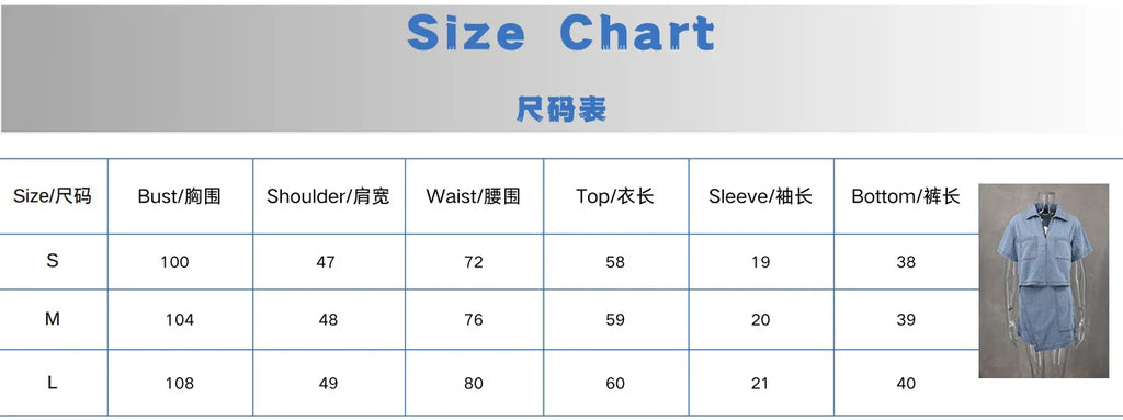 Women's Blue Denim Two-Piece Set Loose Fit Short Sleeve Pocket Shirt with Asymmetric Skirt Casual Streetwear Ensemble