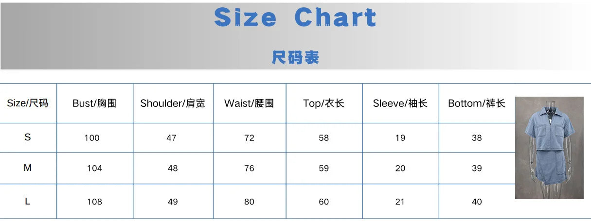 Women's Blue Denim Two-Piece Set Loose Fit Short Sleeve Pocket Shirt with Asymmetric Skirt Casual Streetwear Ensemble