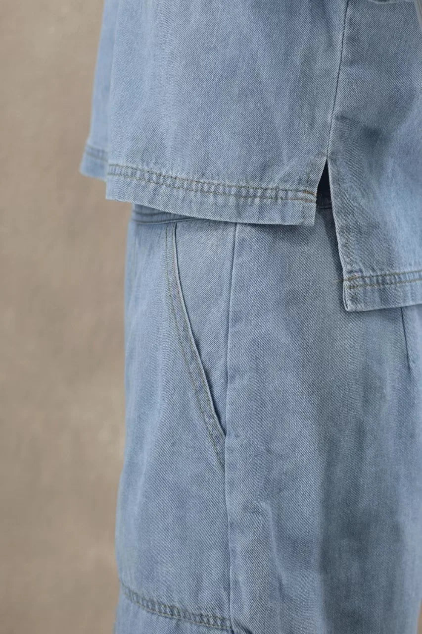 Women's Blue Denim Two-Piece Set Loose Fit Short Sleeve Pocket Shirt with Asymmetric Skirt Casual Streetwear Ensemble