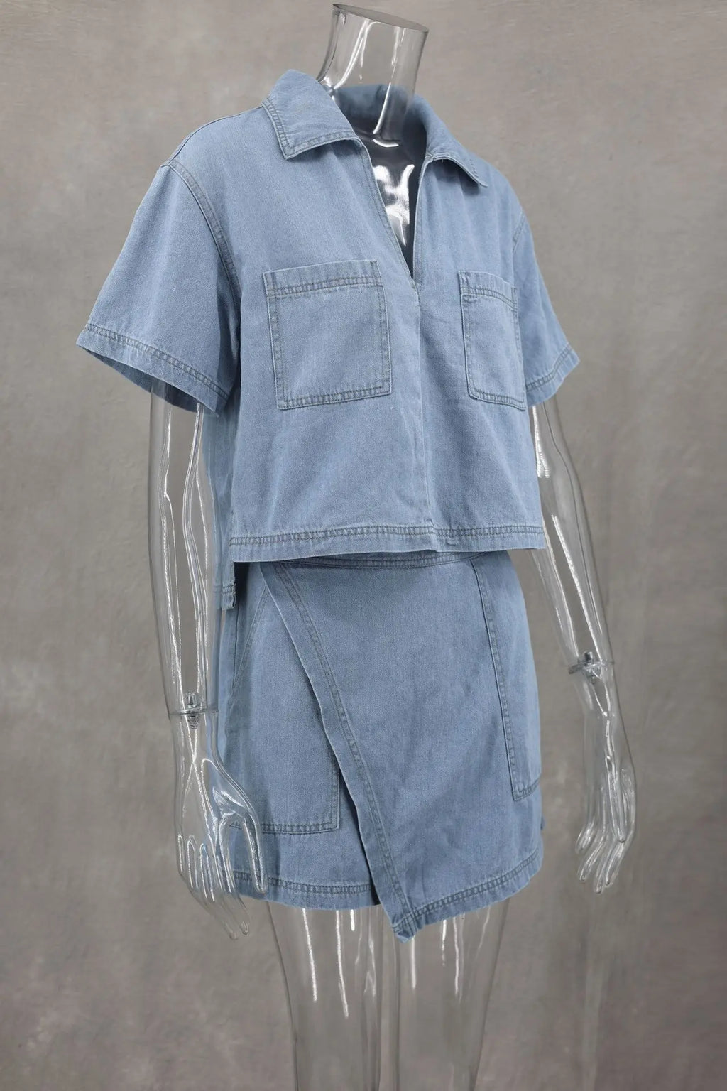 Women's Blue Denim Two-Piece Set Loose Fit Short Sleeve Pocket Shirt with Asymmetric Skirt Casual Streetwear Ensemble