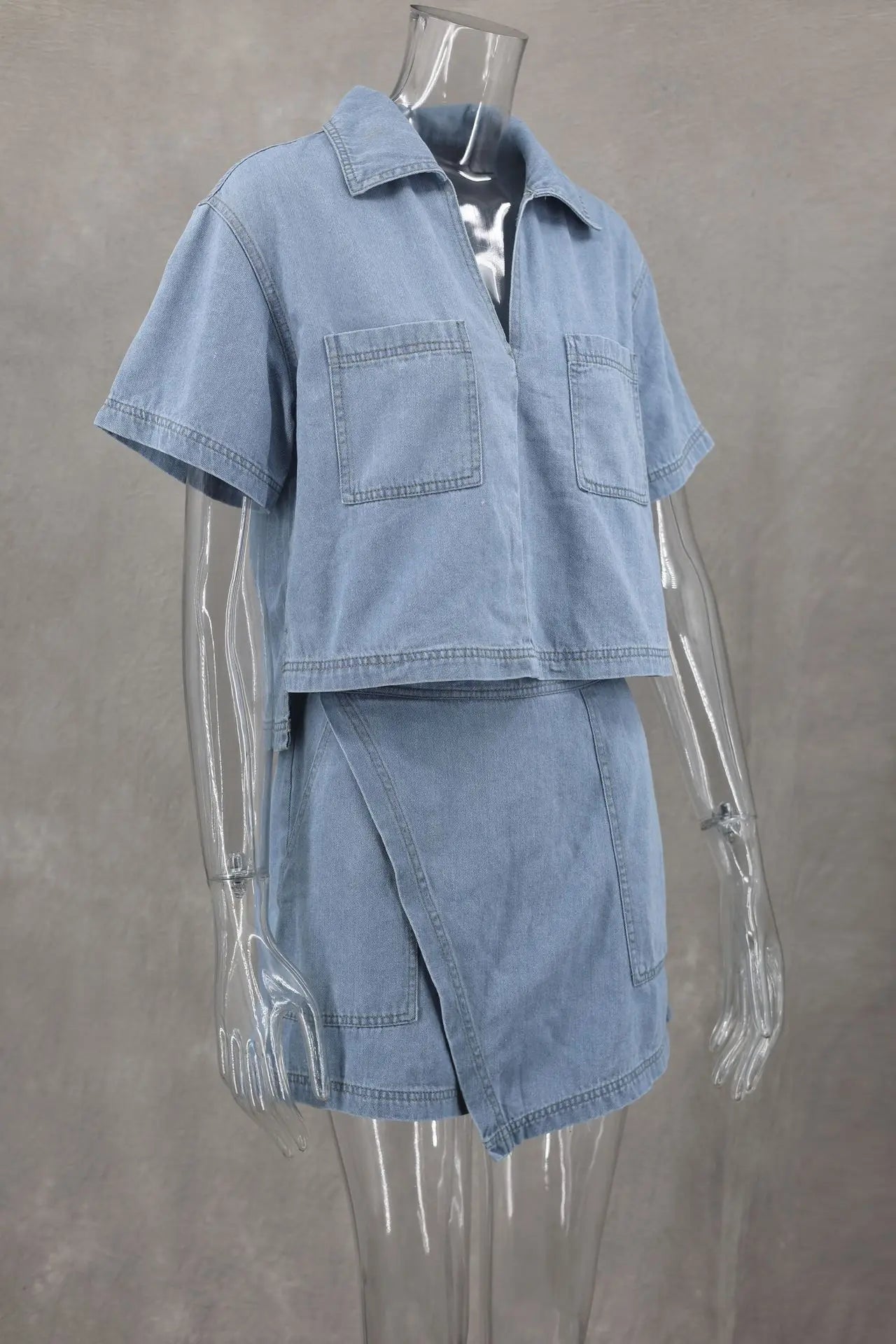 Women's Blue Denim Two-Piece Set Loose Fit Short Sleeve Pocket Shirt with Asymmetric Skirt Casual Streetwear Ensemble