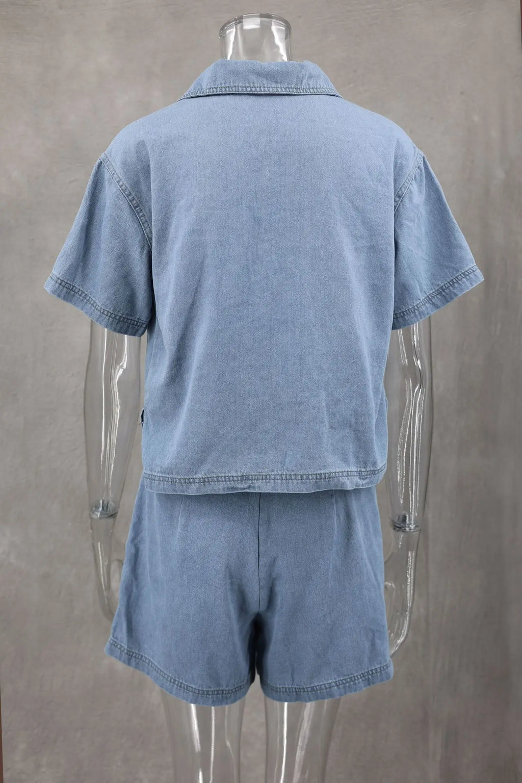 Women's Blue Denim Two-Piece Set Loose Fit Short Sleeve Pocket Shirt with Asymmetric Skirt Casual Streetwear Ensemble