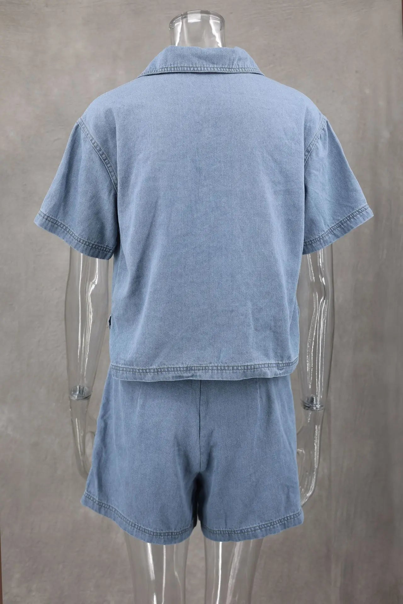 Women's Blue Denim Two-Piece Set Loose Fit Short Sleeve Pocket Shirt with Asymmetric Skirt Casual Streetwear Ensemble