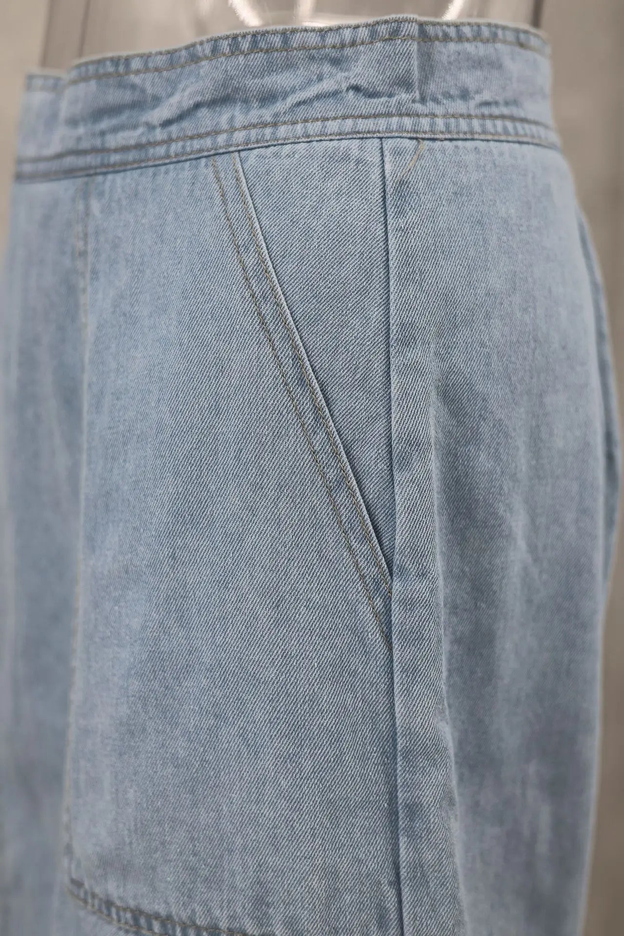 Women's Blue Denim Two-Piece Set Loose Fit Short Sleeve Pocket Shirt with Asymmetric Skirt Casual Streetwear Ensemble