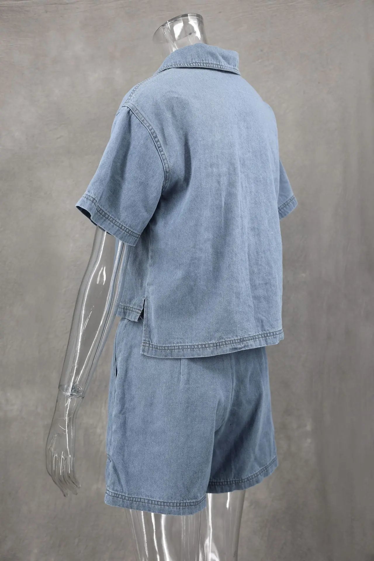 Women's Blue Denim Two-Piece Set Loose Fit Short Sleeve Pocket Shirt with Asymmetric Skirt Casual Streetwear Ensemble