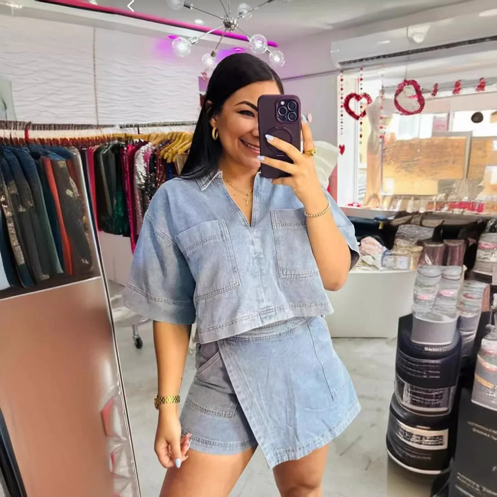Women's Blue Denim Two-Piece Set Loose Fit Short Sleeve Pocket Shirt with Asymmetric Skirt Casual Streetwear Ensemble