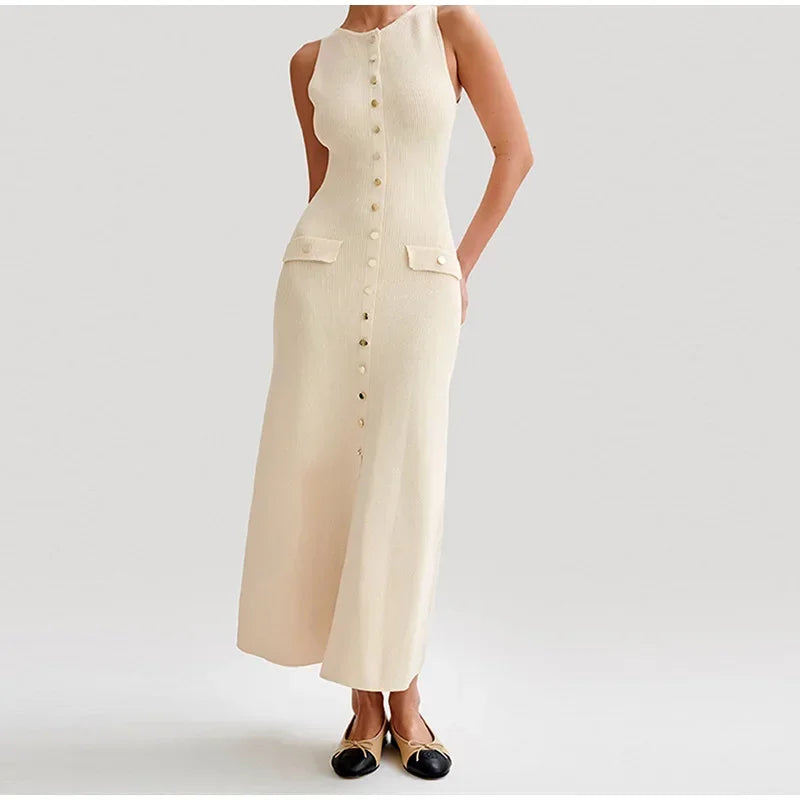 Elegant Lady Knitted Single Breast Long Dress with Sleeveless O Neck Button Bodycon Fit for Party and Casual Wear