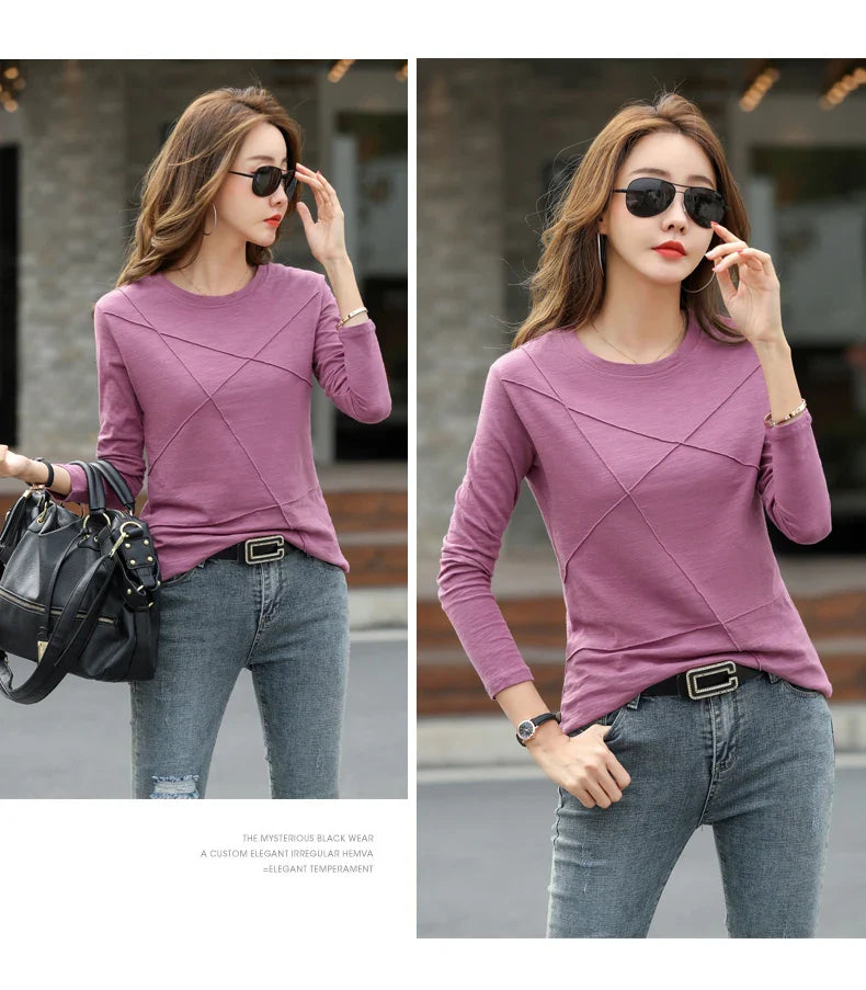 Ribbed Bamboo Cotton Long Sleeve T-Shirt for Women O-Neck Loose Fit Cozy Autumn Top in Purple and Green